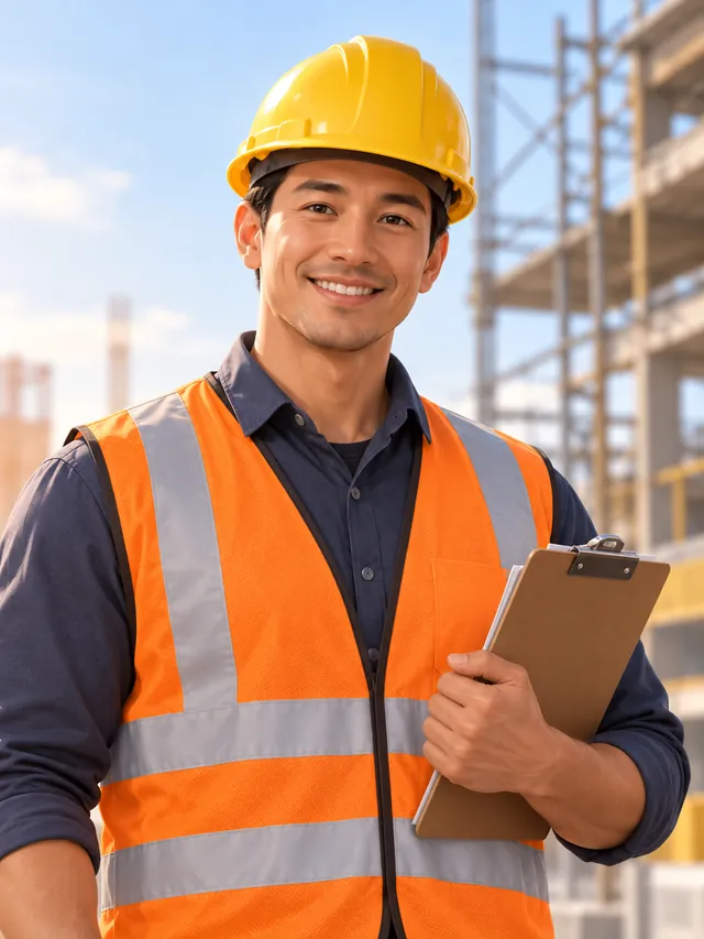 Contractor in a yellow hard hat and safety vest holding a clipboard at a construction site